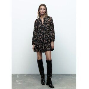 Zara Floral Print Dress, Mini Swing Dress Medium, Ecru / Black NWT